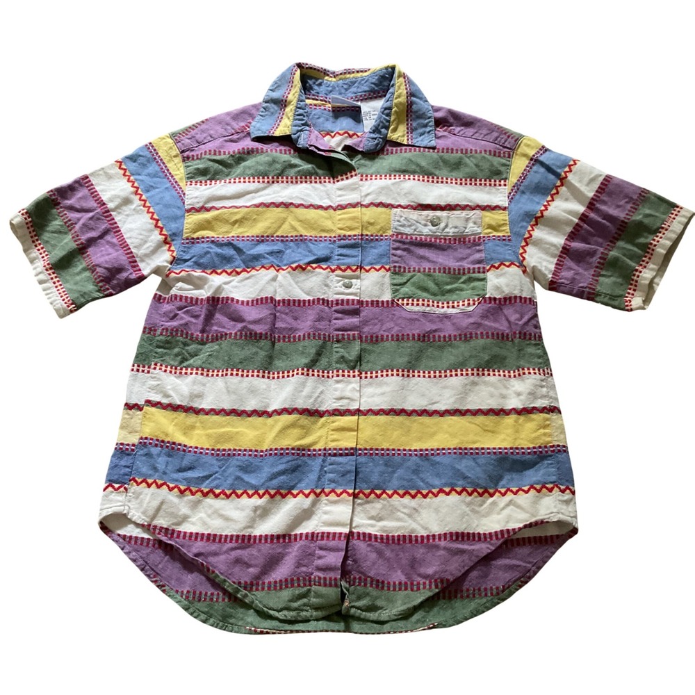 Backroad Blues Womens Medium Multi Color Striped Cotton Button Down Shirt Retro